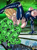 Blue haired anime honey slurping a massive dick on her knees