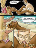 Good looking ebony comics babe gets double fucked by two white hunks on the beach