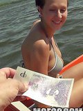 I went out to the lake to see if there was any good looking pussy swimming around and bumped into Nikol suntanning. I convinced her to come boating with me but all I could think of was motorboating her big titties. We parked our boat where no one could se