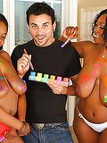 Check out this hot big titty 3some of black asses and pussy getting fucked after some fun painting eachother