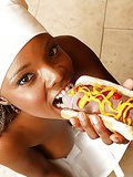 Big n juicy round ebony babe stacy takes on a hot cock with mustard and ketchup in these cock suckin and kitchen fuckin pics