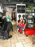 Check out these hot milfs take advantage of a horny dude in these hair salon 3some reality pics