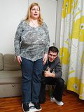 Shaved BBW pussy banged on his couch